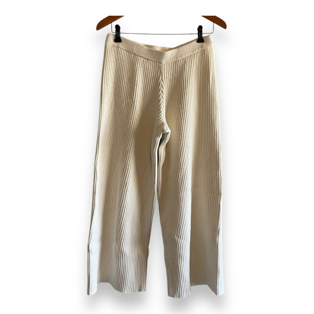 Haven Well Within Womens Medium Ivory Ribbed Knit Wide Leg‎ Cotton Pants Cream
